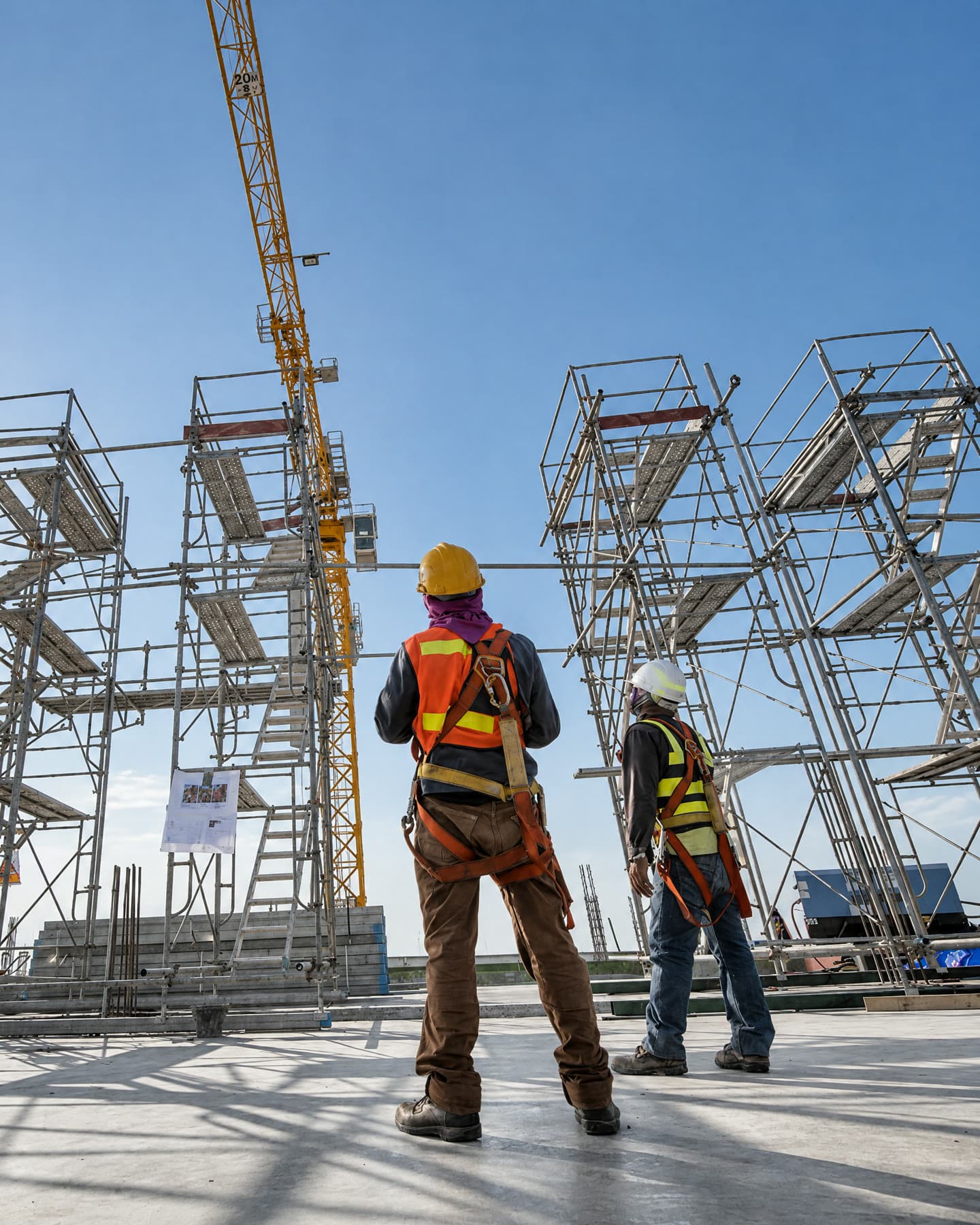 Two workers in safety harnesses and hard hats looking up at a tower crane and scaffolding on a construction site